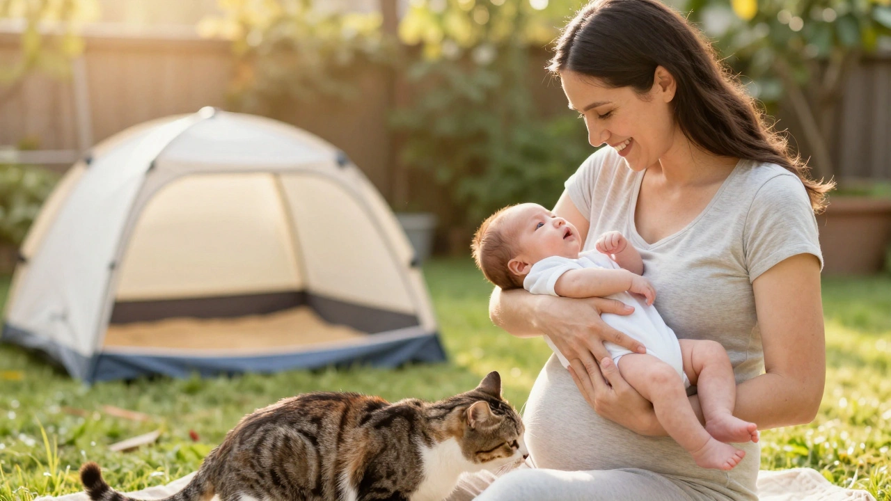 Těhotná žena s dítětem a kočkou v zahradě, symbol bezpečí.