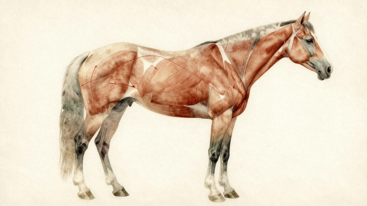 Ukázka anatomie koně s vyznačenými oblastmi pro masáž v jemných vodových barvách.