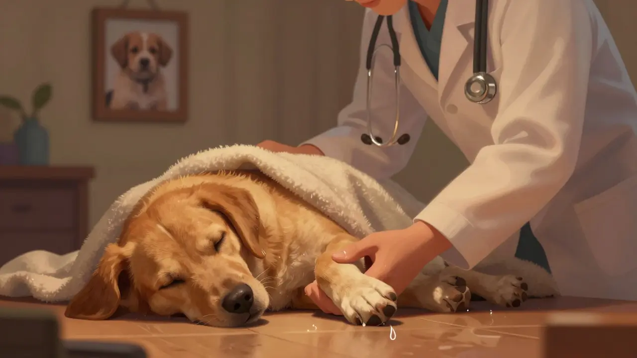 Veterinář drží tichého psa během eutanázie, v pozadí je fotografie psa jako štěněte.