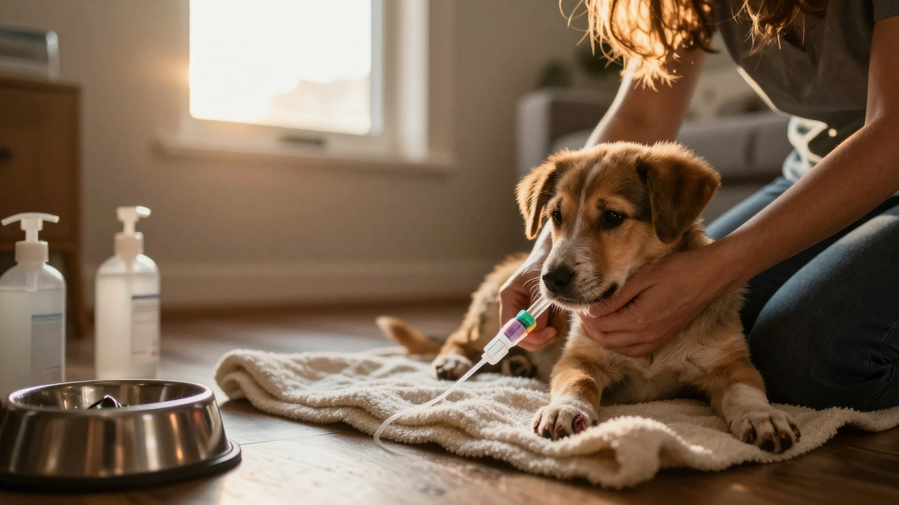Veterinář podává kapky štěňeti v domácím prostředí, majitel ho jemně drží.