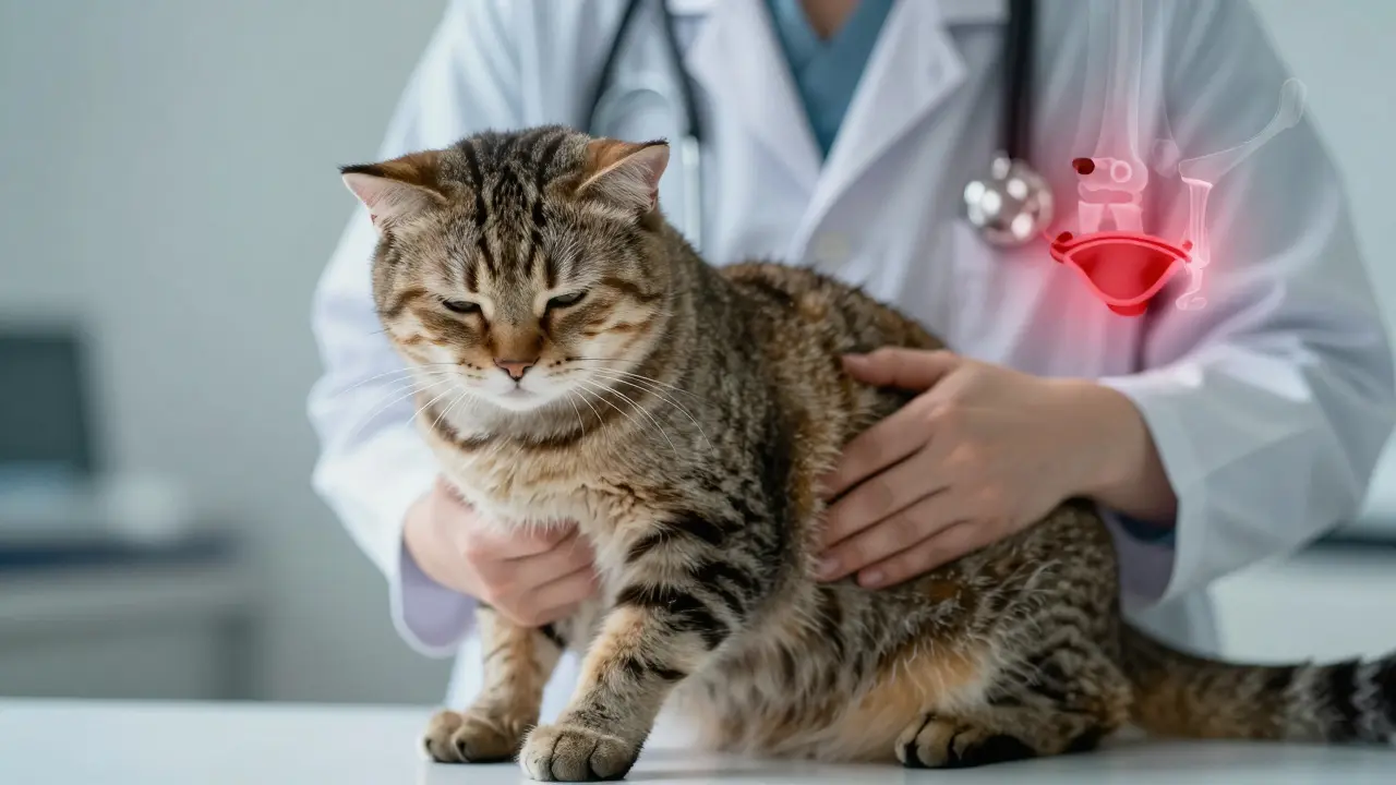 Veterinář prohledává kočku, která se napětí a zavírá oči, známky bolesti.