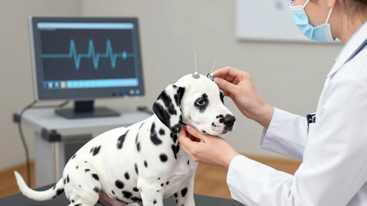Veterinář provádí BAER test na bílém dalmatínovi v klinice.