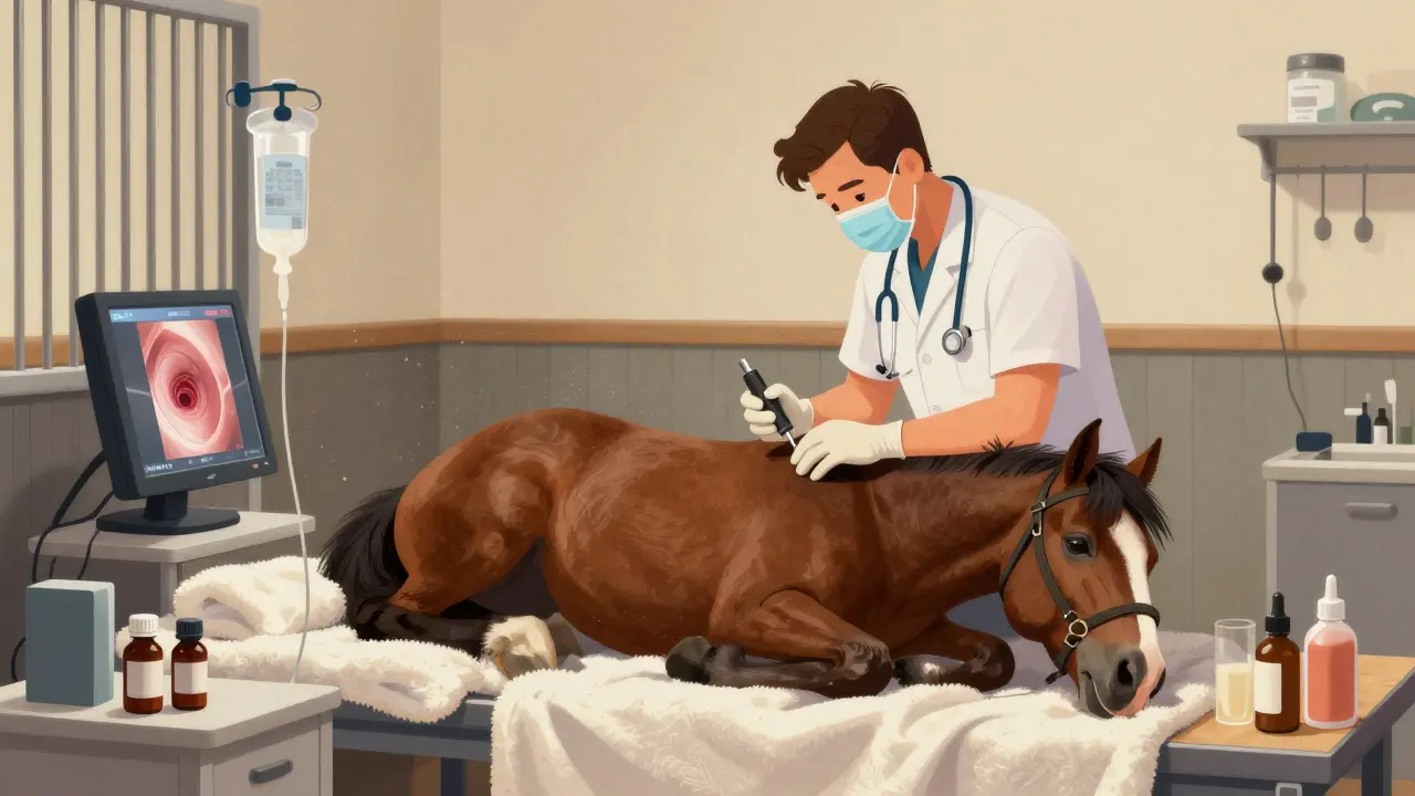 Veterinář provádí endoskopii sedovanému koni ve stáji, na monitoru je vidět zánětlivá sliznice.