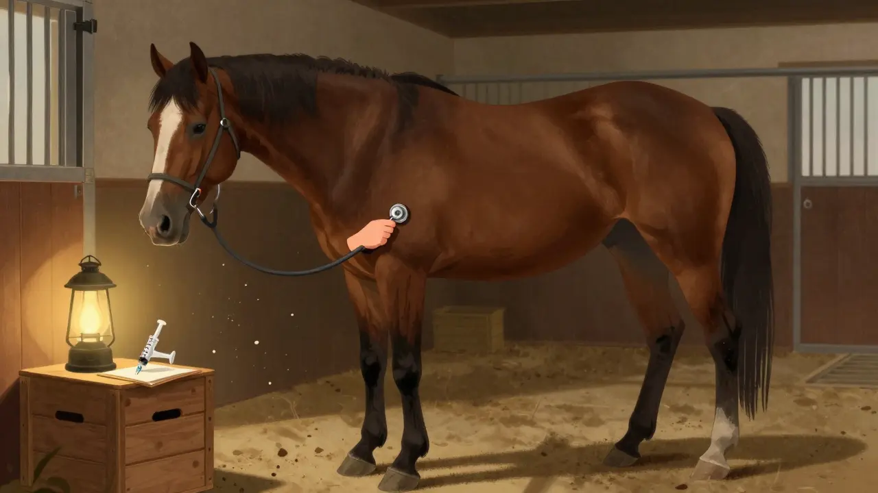 Veterinář vyšetřuje kůňa v stáji, drží stetoskop a pozoruje jeho stav.