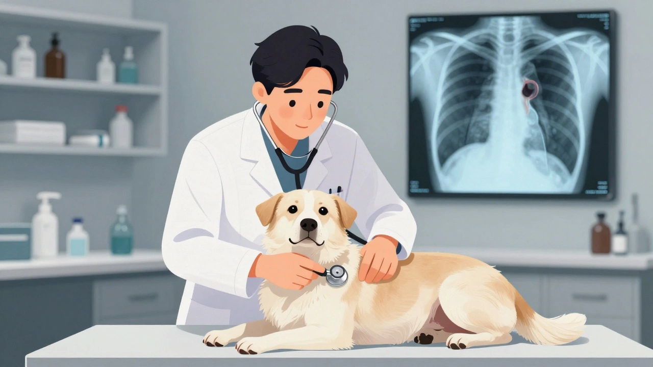 Veterinář vyšetřuje psa stetoskopem, na zdi je rentgen s přepracovaným srdcem.