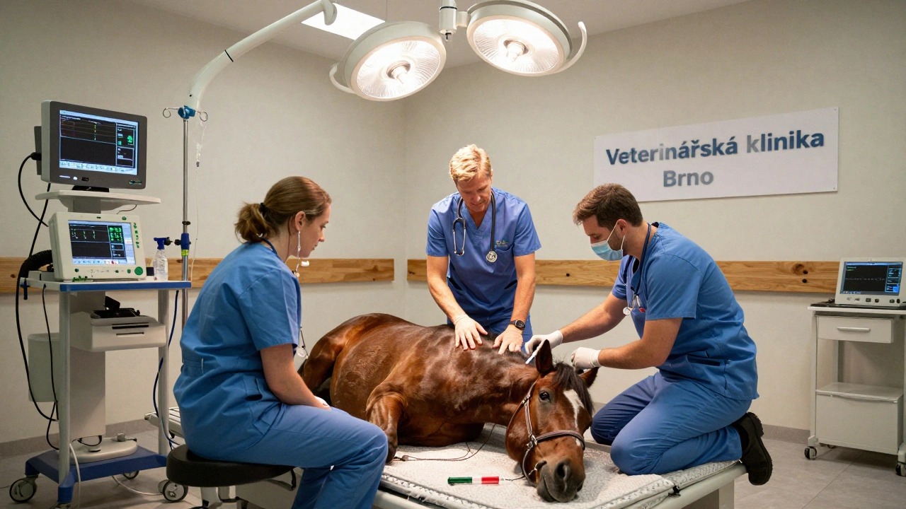 Veterináři pracují na nemocném koni v klinice, sledují přístroje a připravují léčbu.