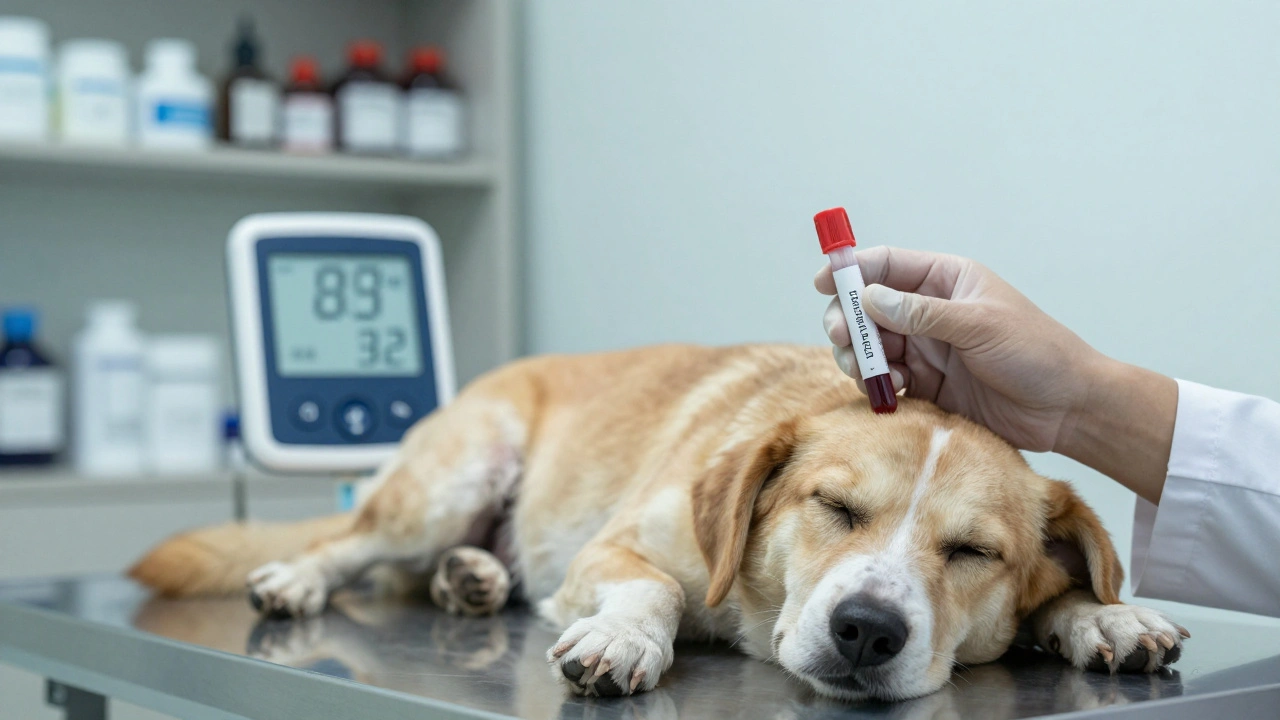 Veterinarian holding blood test while dog lies on exam table, clinical setting.
