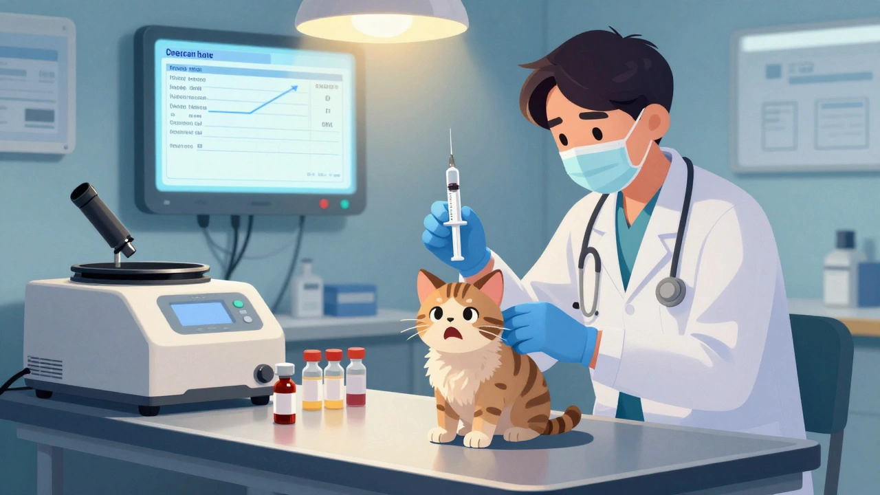 Veterinarian treating a sick kitten with blood test results in background.