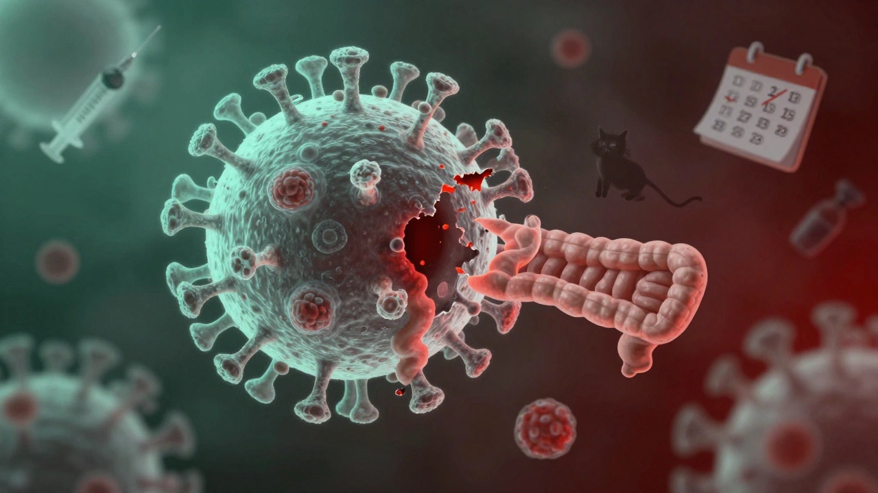 Virus attacking cells inside a cat&#039;s body, symbolizing panleukopenia&#039;s danger.