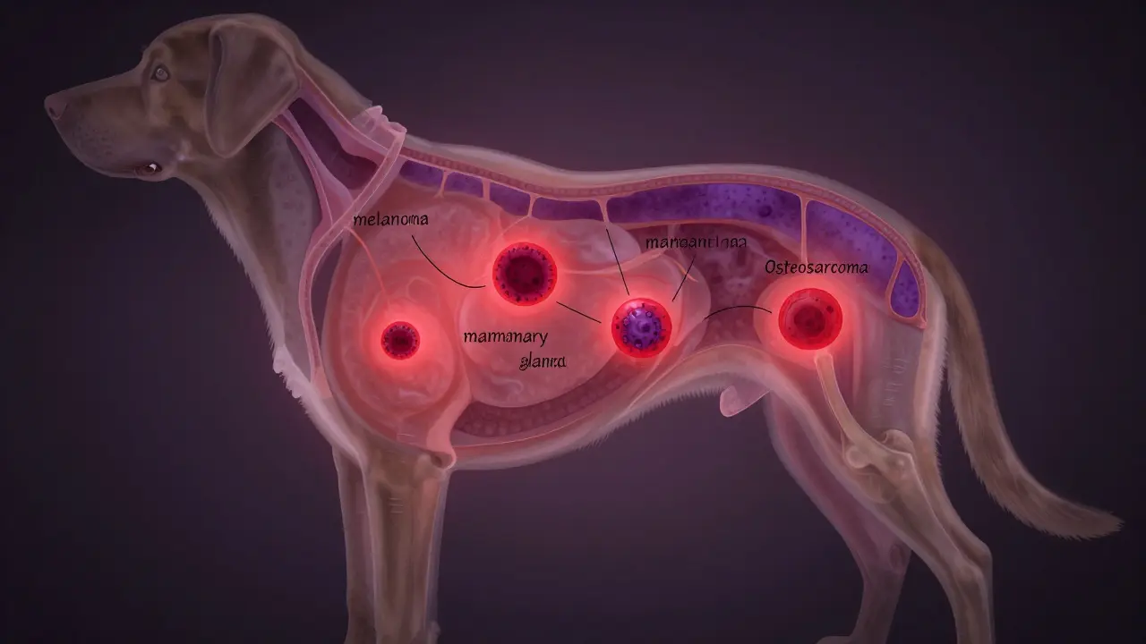 Vnitřní anatomie psa s nádory v kůži, ústech, prsních žlázách a kosti nohy.