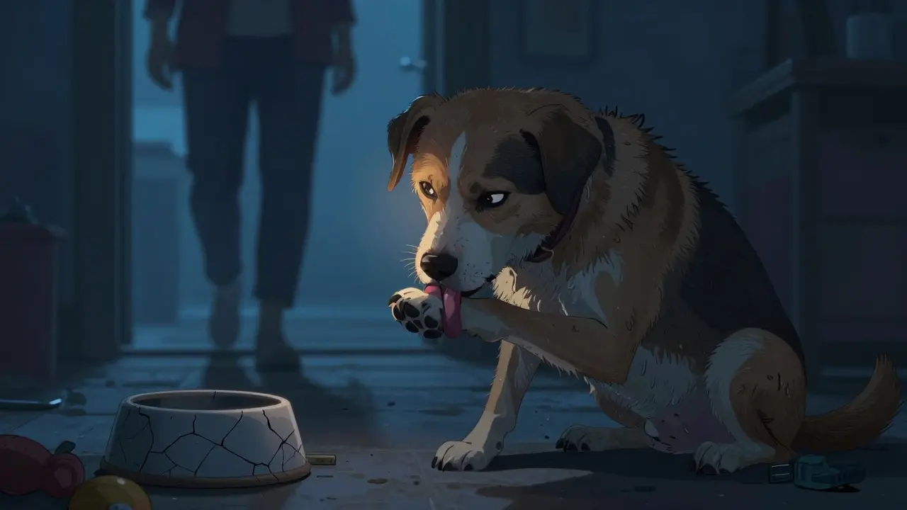 Vyčerpaný pes lizá svou tlapu v tichém pokoji, zatímco lidé odcházejí.