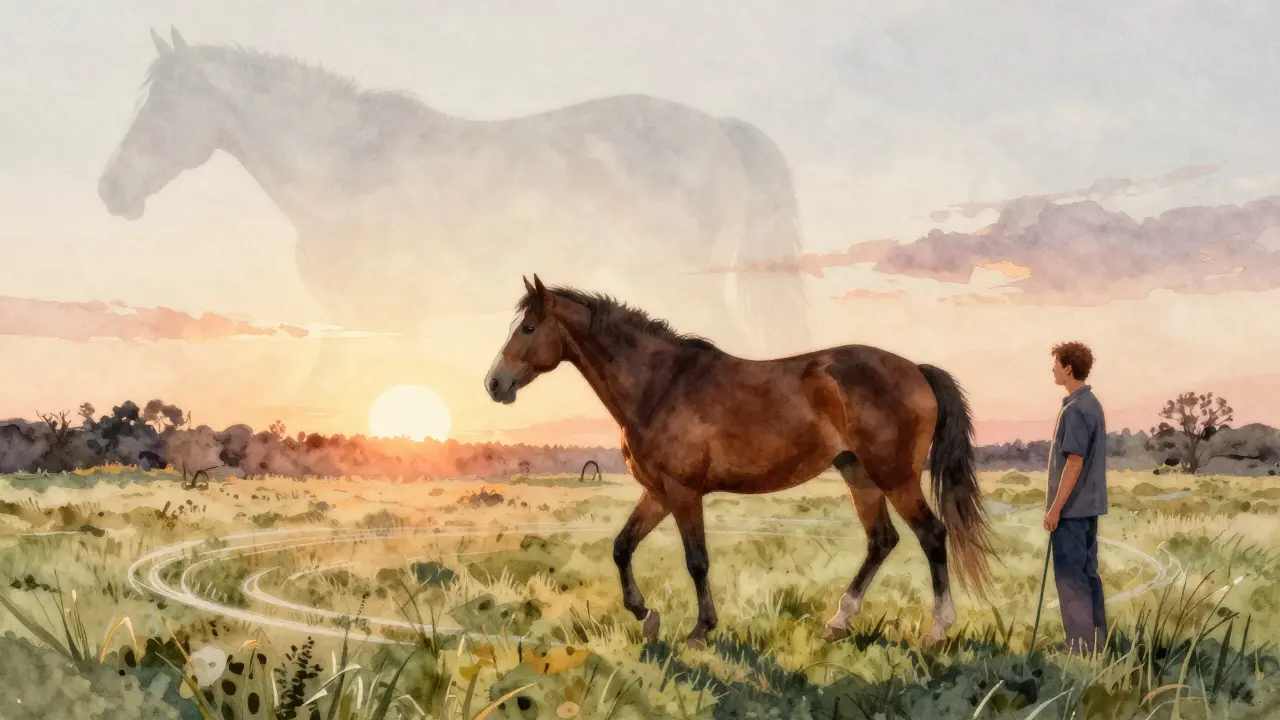 Zotavující se kůň pomalu chodí v pastvě při západu slunce, pozorován vlastníkem.