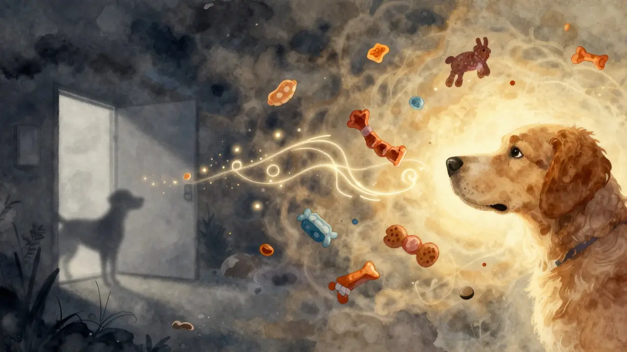 Abstraktní obrázek psí paměti: temné a světlé asociace spojené vůněmi a zvuky.