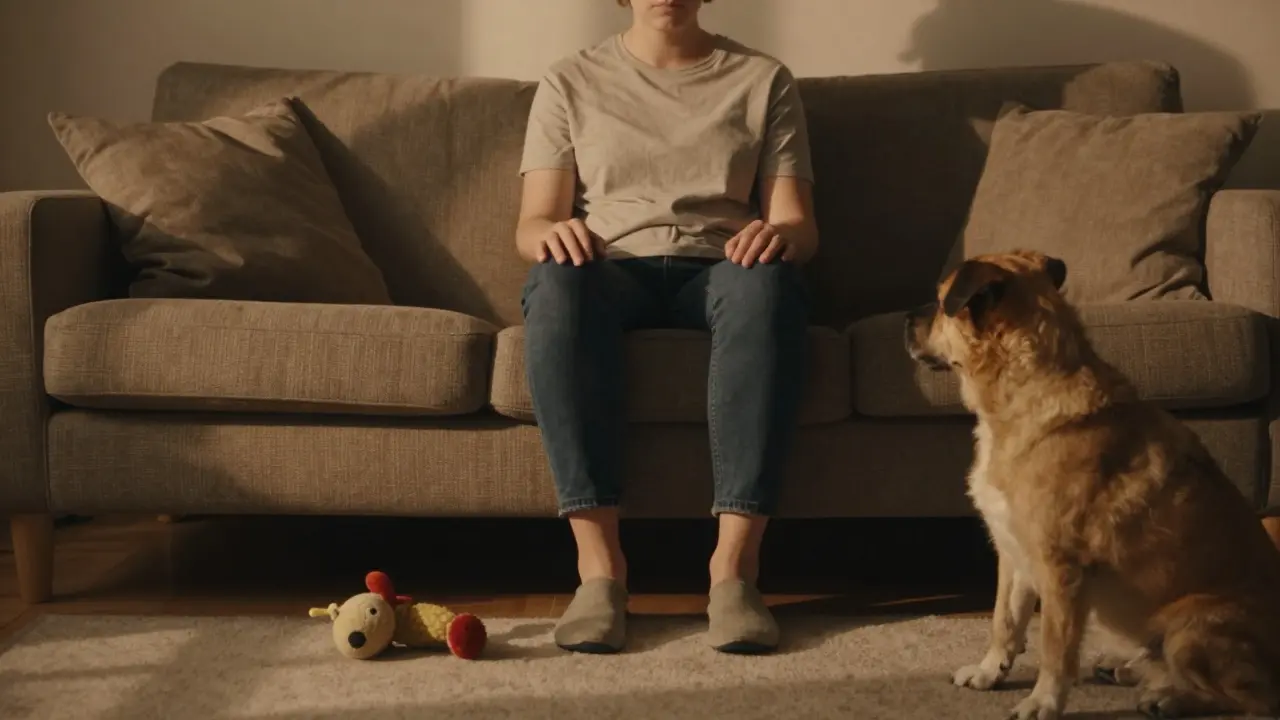 Člověk sedí klidně, pes se k němu opatrně přibližuje.