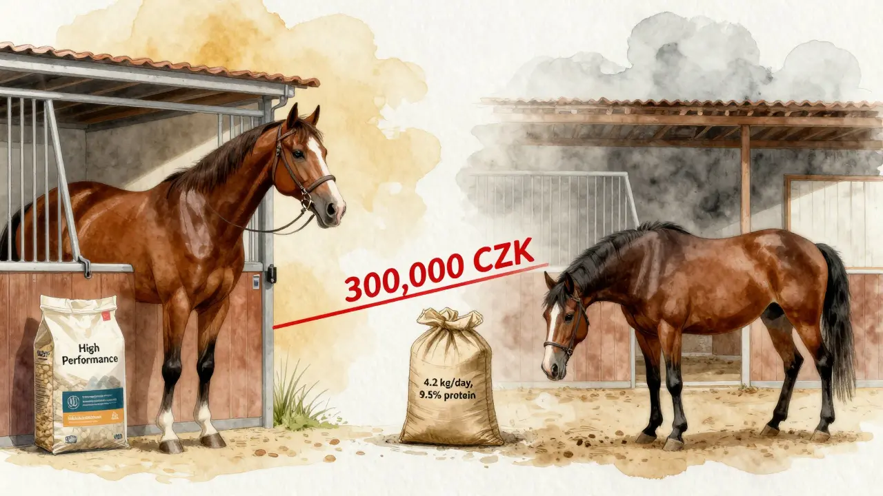 Dvě strany koně: sportovní s drahým krmivem a pracovní s jednoduchým, spojené červenou čarou s cenou 300 tisíc Kč.