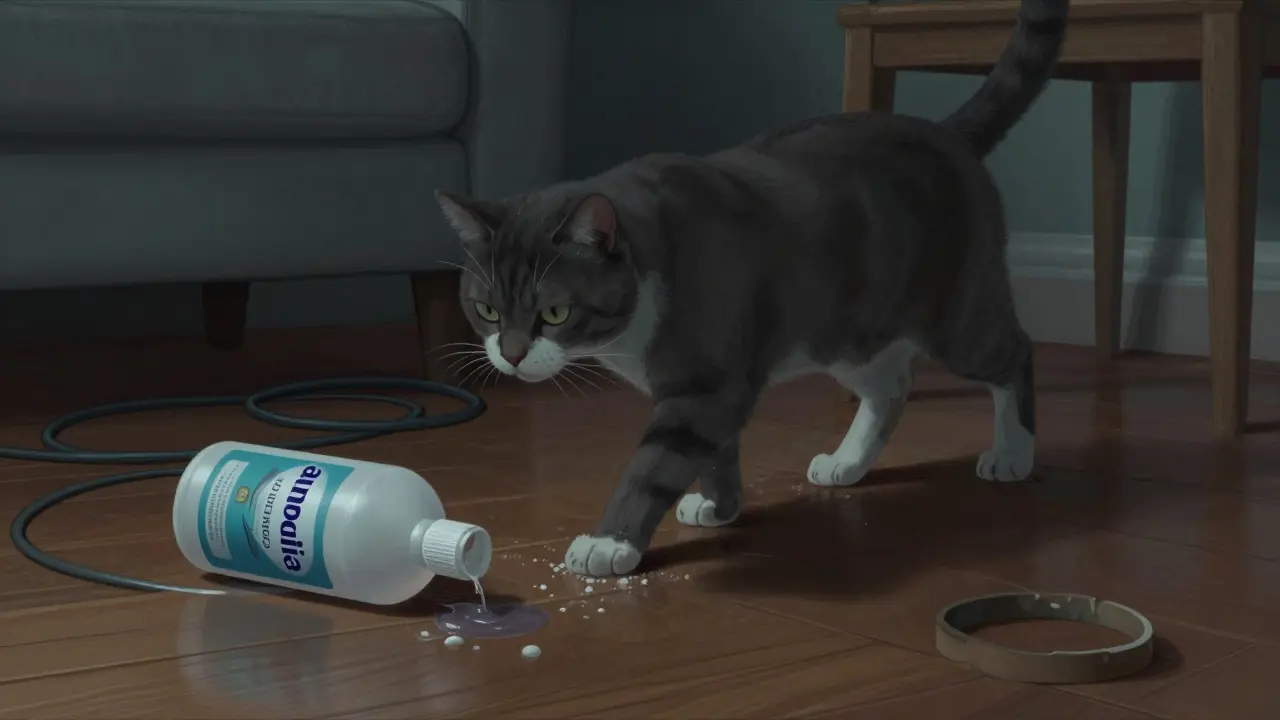 Kočka kráčí po čištěné podlaze, u ní otevřený čisticí prostředek a kabel na zemi.