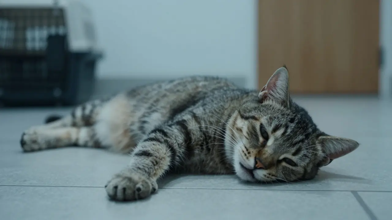 Kočka ležící na boku s rychlým dechem a polozavřenýma očima.