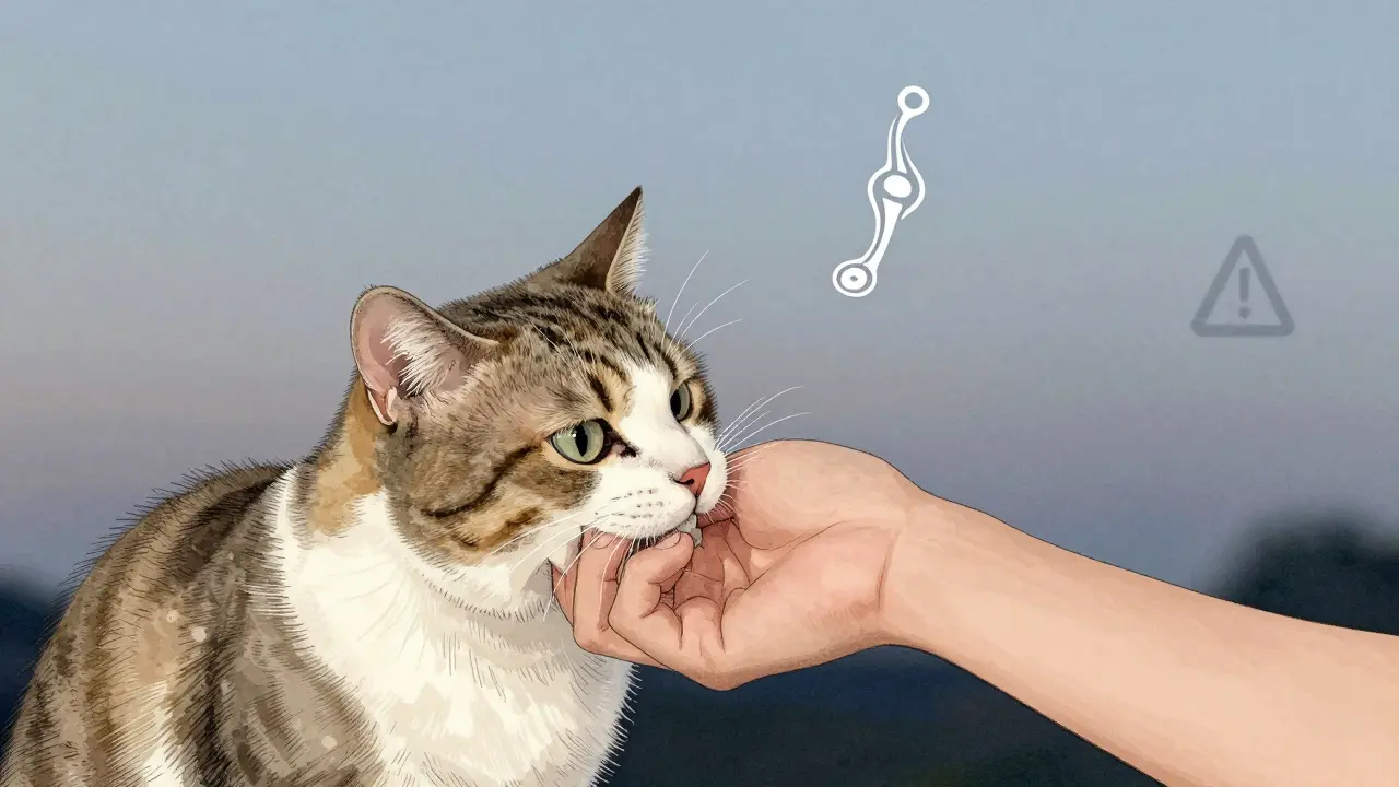 Kočka právě kousne do ruky – bez agresivity, jen jako signál, že to je moc.