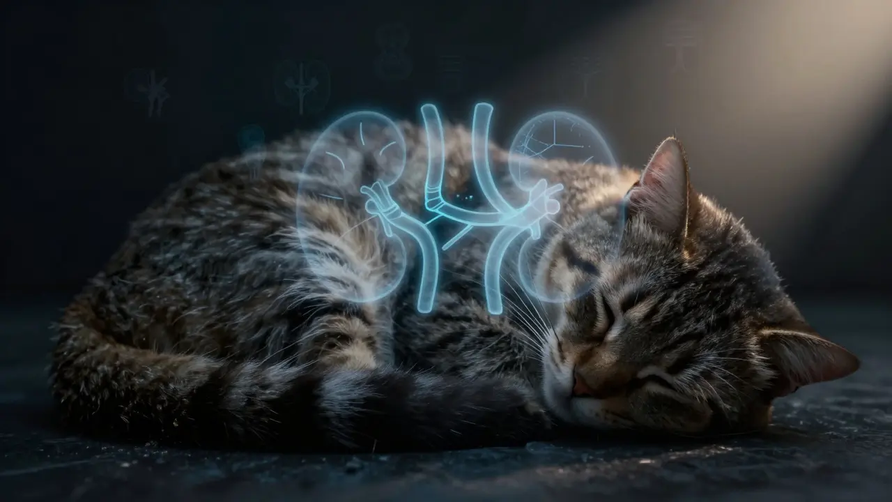 Kočka spí na hlavě, pod kůží se objevují průhledné symboly zdravotních problémů.