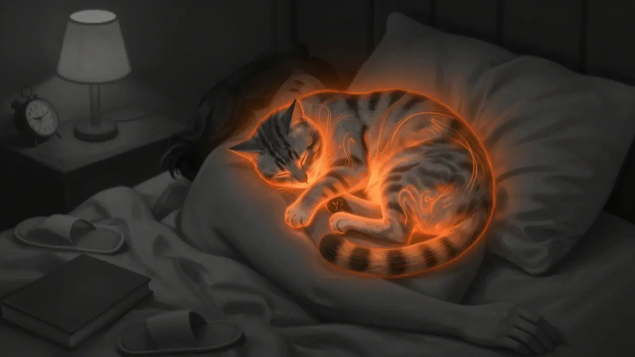 Kočka spí na hrudi člověka, teplo obou těl se spojuje.