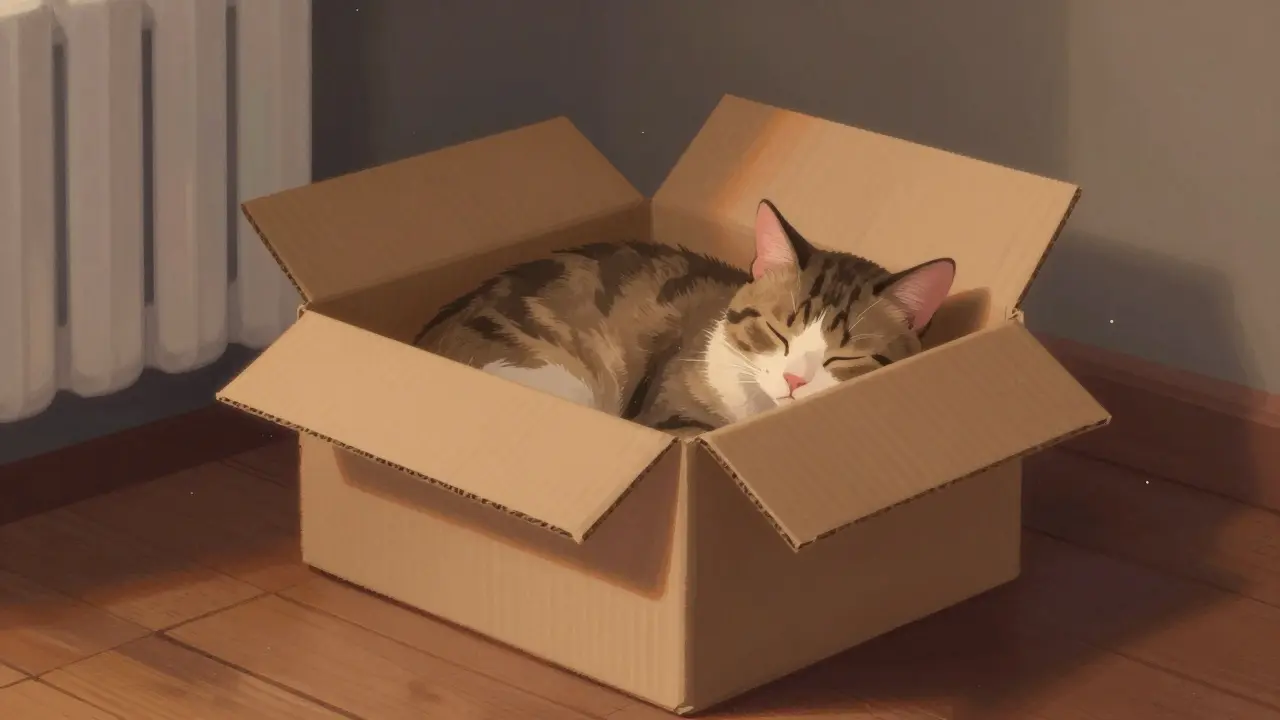 Kočka spí v kartonové krabici na podlaze s teplým zářením.