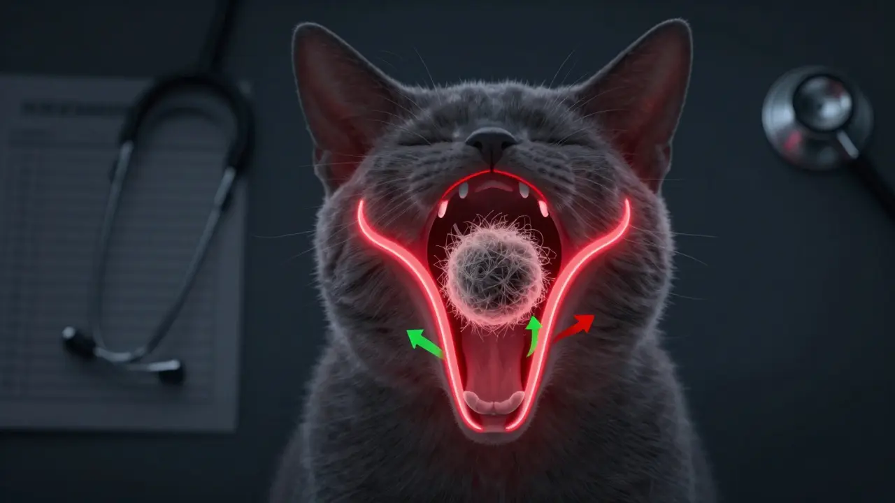 Koncepční anatomický náčrt krku kočky s cestou chlupů a zaseklou vlasovou koulí.