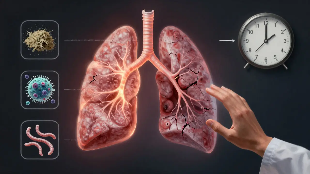 Konzervativní ilustrace poškozených plic koně s příčinami kašle a veterinářem, který zasahuje.