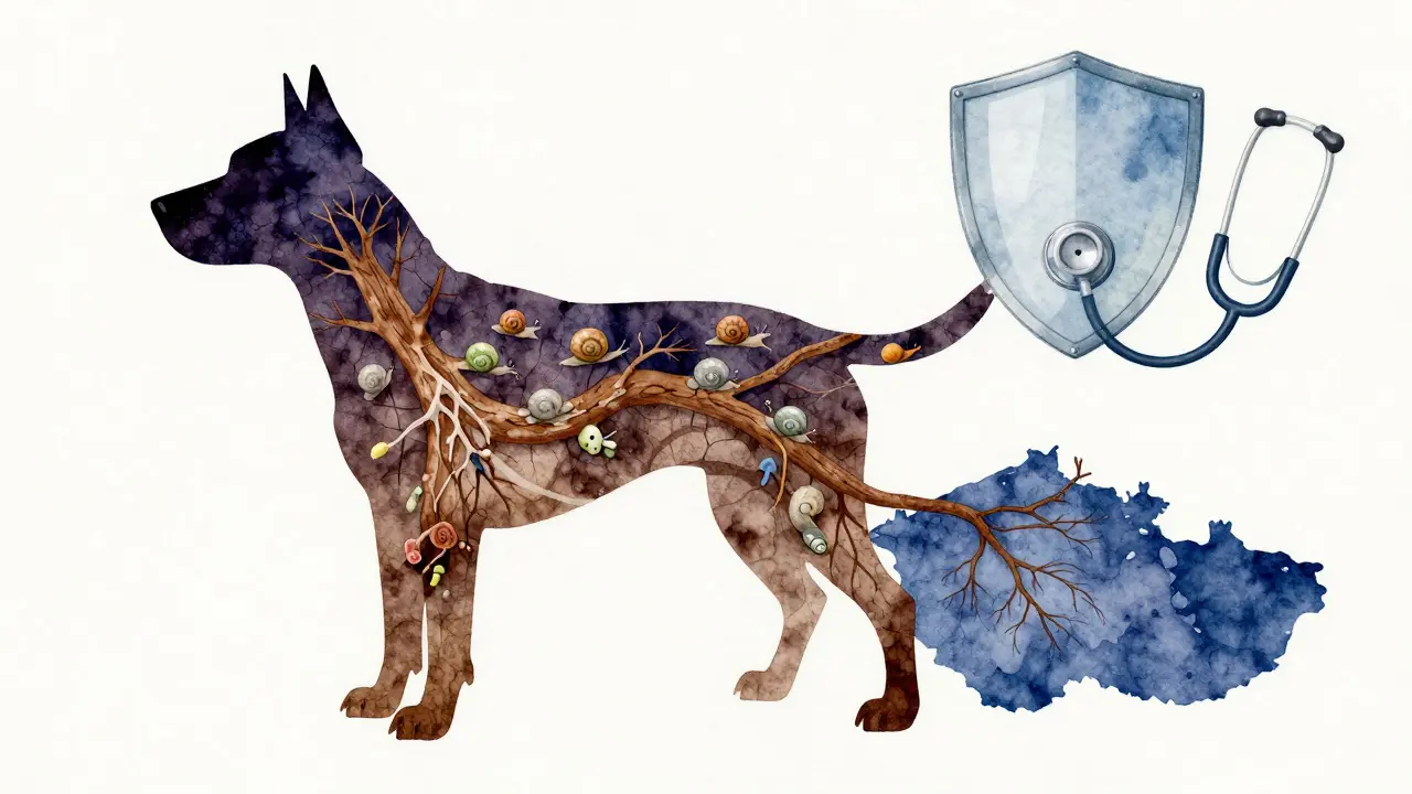 Křehká trachea tvaru stromu s parazity, přes kterou se táhne stetoskop.