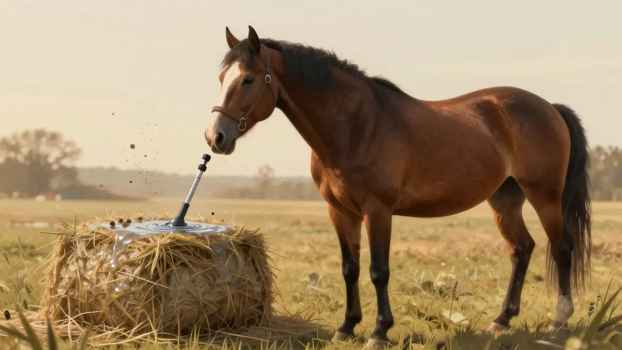 Kůň kašle v pastvině, prach a plísně visí ve vzduchu, vedle něj namočené seno.