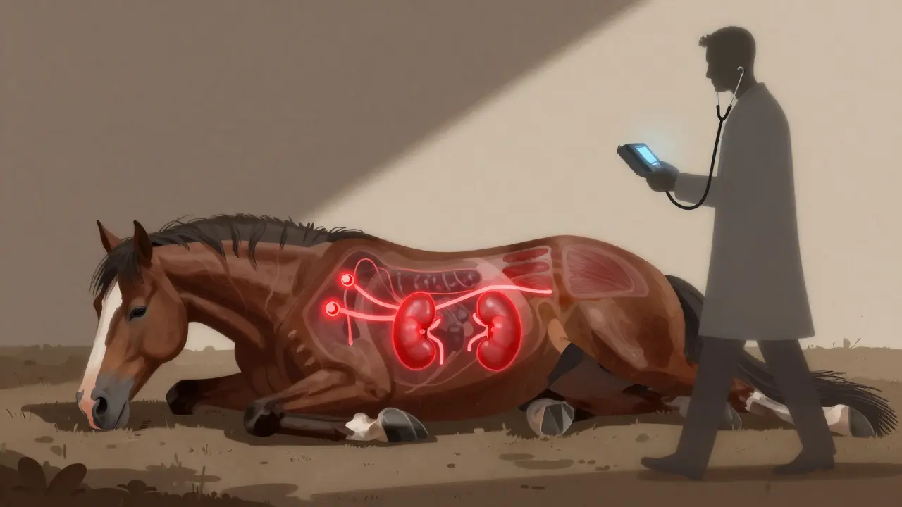 Kůň leží na zemi s transparentními indikátory vnitřních problémů, veterinář se blíží.