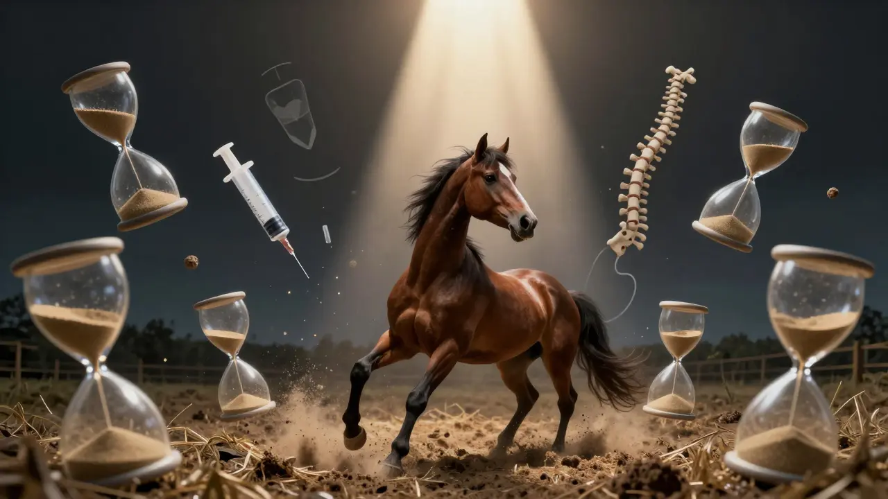 Kůň se snaží vstát, kolem něj padají hodiny, symbolizující čas, který uplynl.