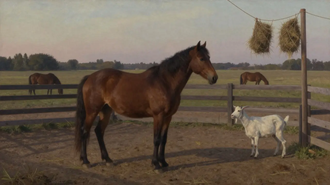 Osamělý kůň kýve hlavou v malém dvorku, kde stojí koza jako společník.