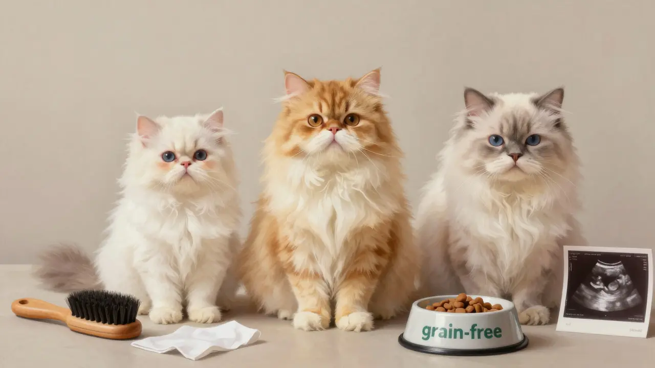 Perská kočka v třech věkových fázích s symboly péče: kartáč, hadřík, krmivo a ultrazvuk.