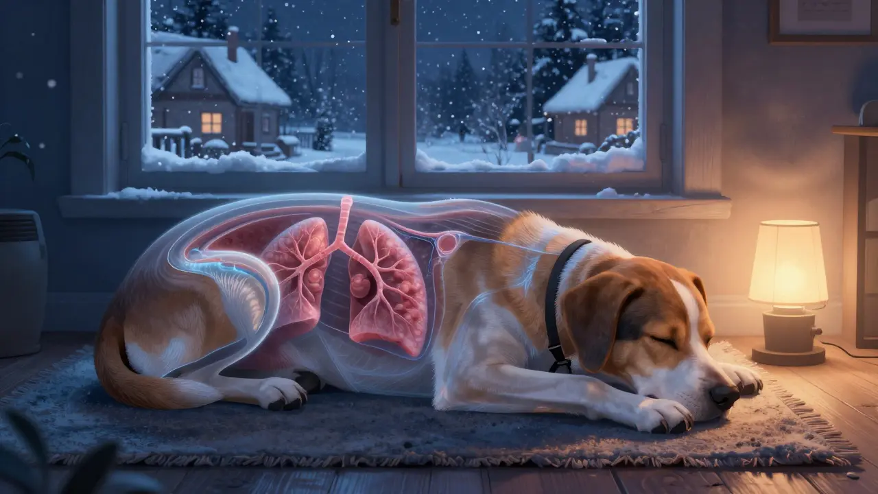 Pes spí v noci, vnitřní plicní tekutina je vidět skrze jeho tělo.