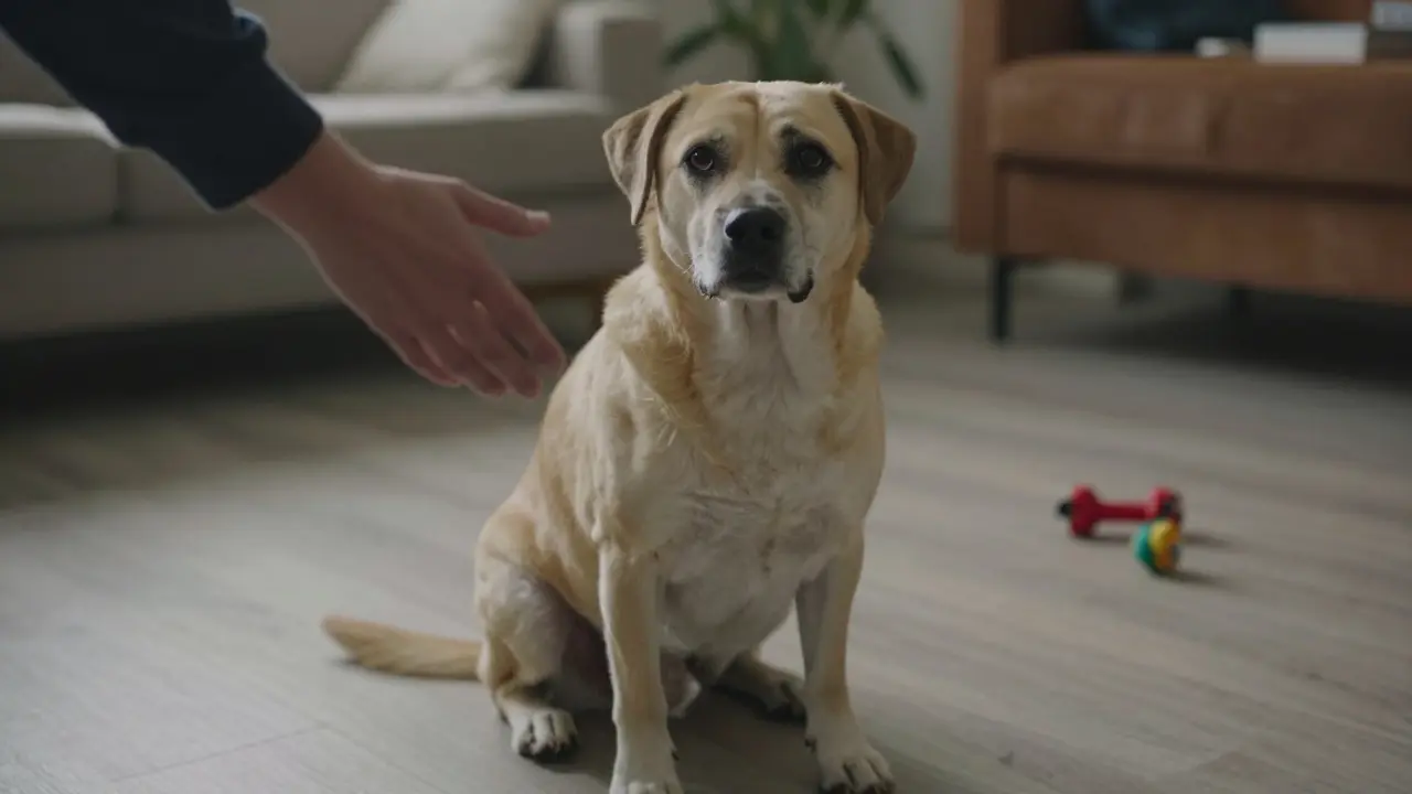 Pes ztuhl, když se k němu někdo přibližuje.