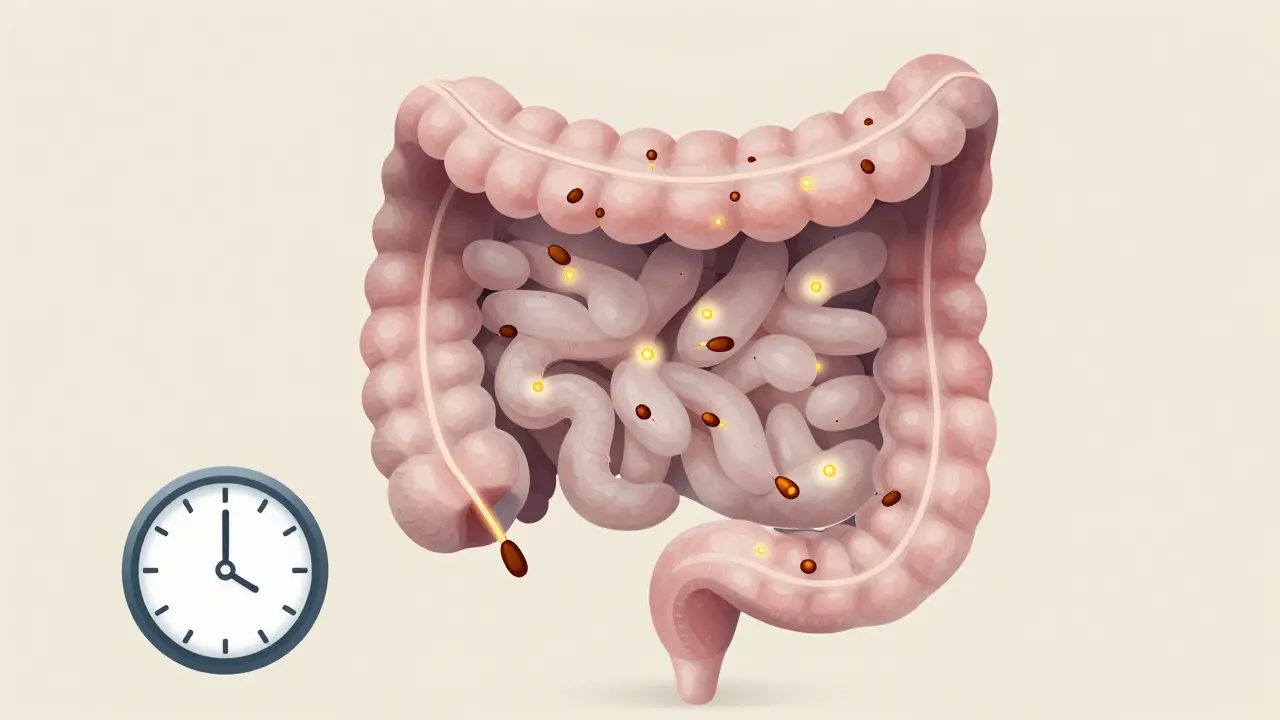 Přehled trávicího traktu kočky s ukázkou vylučování oocyst ve stolici.