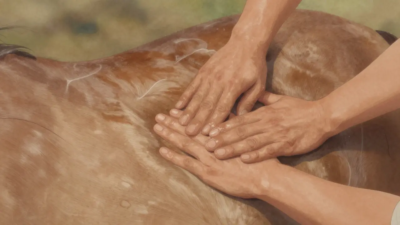 Ruce jemně zvedají kůži na boku koně při masáži, svaly se uvolňují.