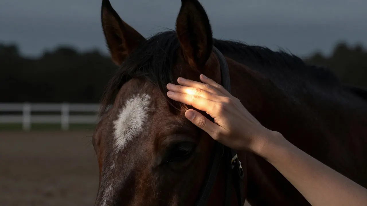 Ruka jemně dotýká šíje koně pod ušima, kůň je klidný a důvěřuje.