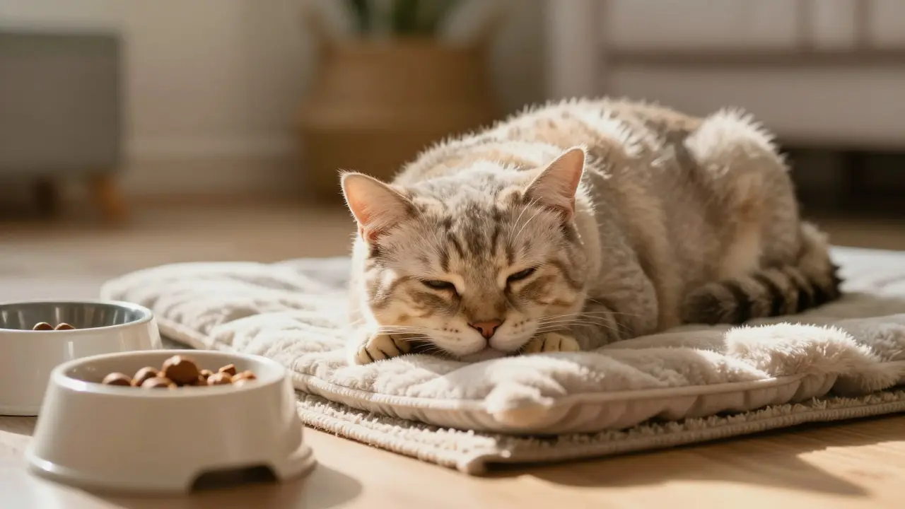Stará kočka klidně odpočívá na měkkém povrchu s přístupem k jídlu a vodě v bezpečném prostředí.