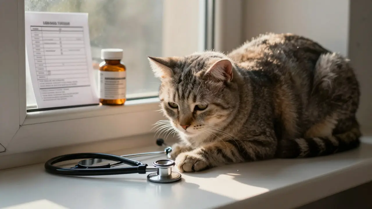 Stará kočka na okně s veterinářskými přístroji – tichý signál bolesti.