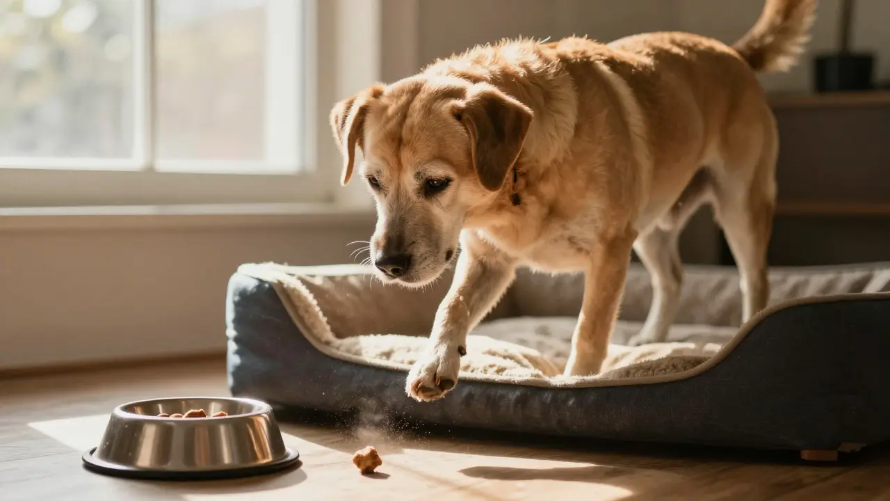 Starší pes se opatrně zvedá z postýlky, jedna noha je zvednutá a tělo je napjaté.