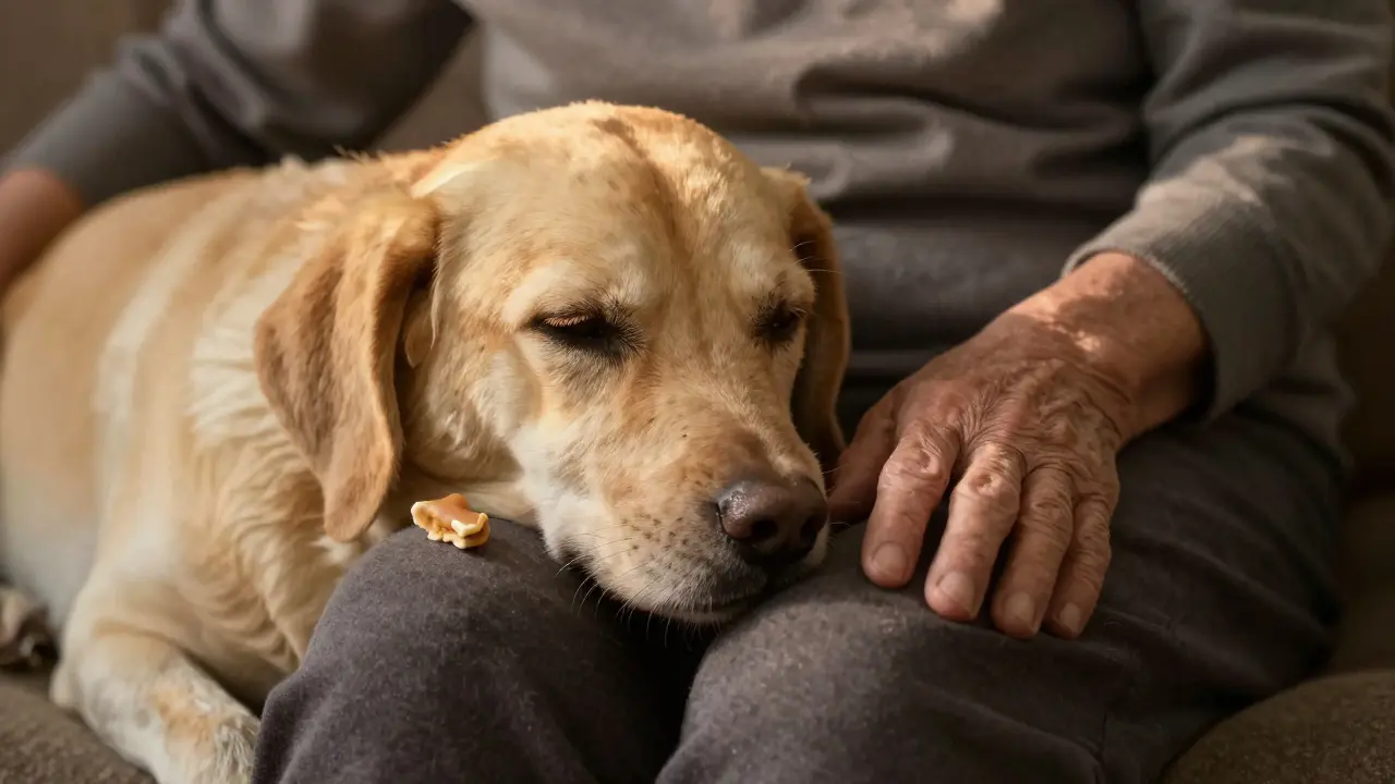 Starý pes klidně spí na kolenou svého majitele, cítí bezpečí a lásku.