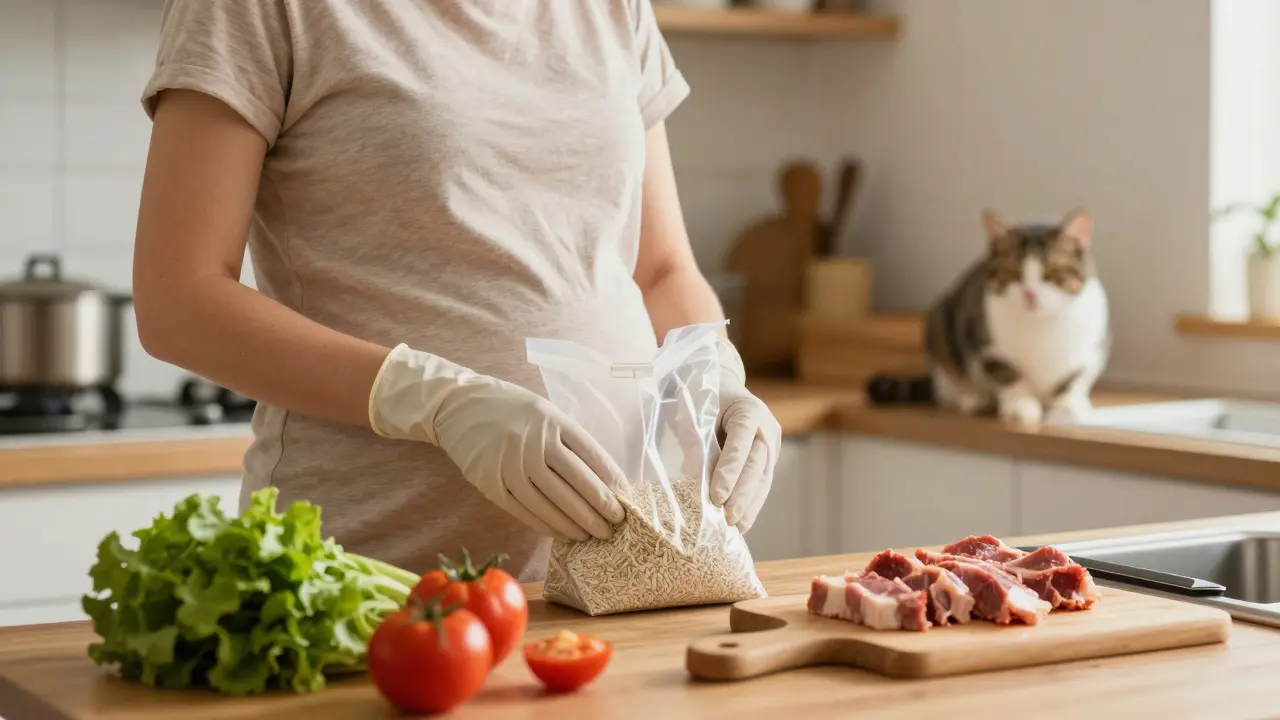 Těhotná žena s rukavicemi drží pytel s kočičím odpadem, vedle ní vařené maso a zelenina.