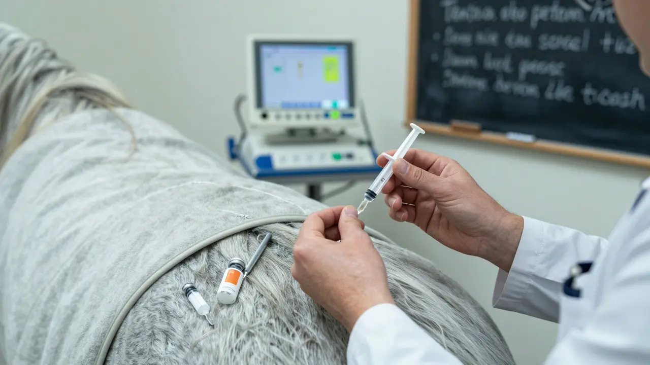 Veterinář bere krev z pracovního koně v klinice, na monitoru jsou vysoké hodnoty kyseliny močové.