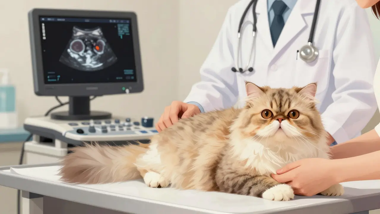 Veterinář provádí ultrazvuk na perské kočce, na obrazovce jsou vidět cysty v ledvinách.