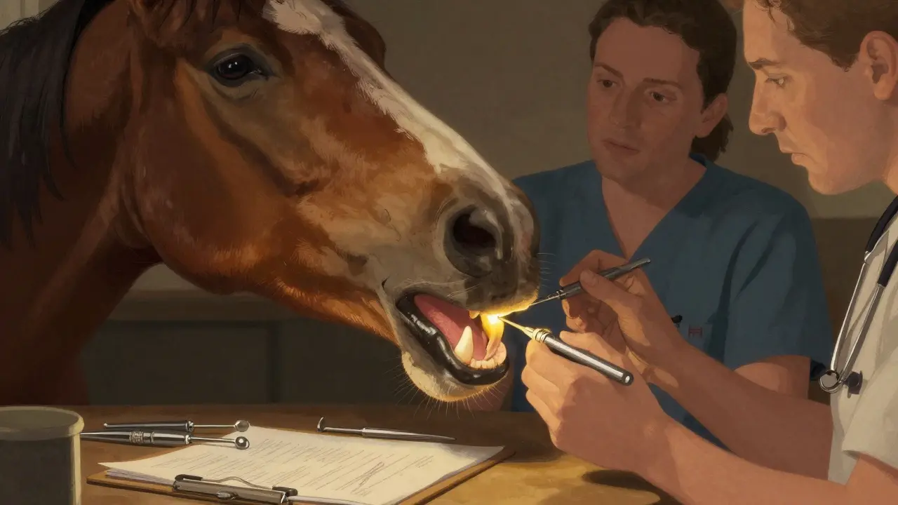 Veterinář vyšetřuje zuby koně speciálním nástrojem v osvětlené stáji.