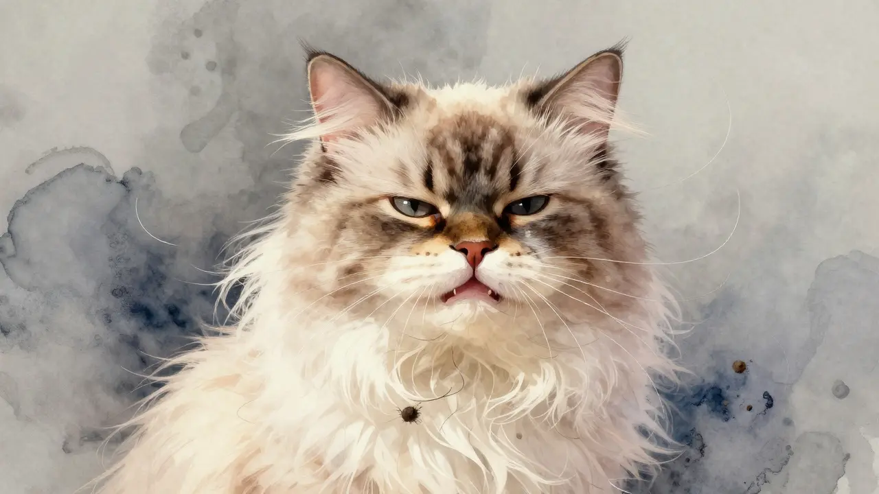 Vodová barva ilustrace dlouhosrsté kočky, jejíž chlupy vypadají jako vlny kolem hlavy.