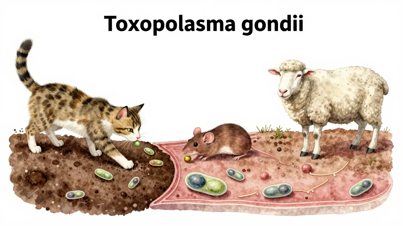 Životní cyklus Toxoplasmy: kočka, myš a ovce ve společné krajině s mikroskopickými formami parazita.