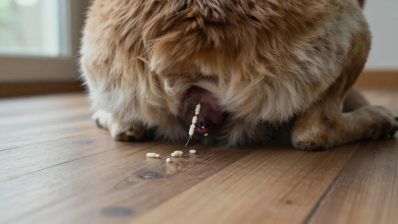 Bílé úseky červů se pohybují poblíž analní oblasti psa na podlaze.