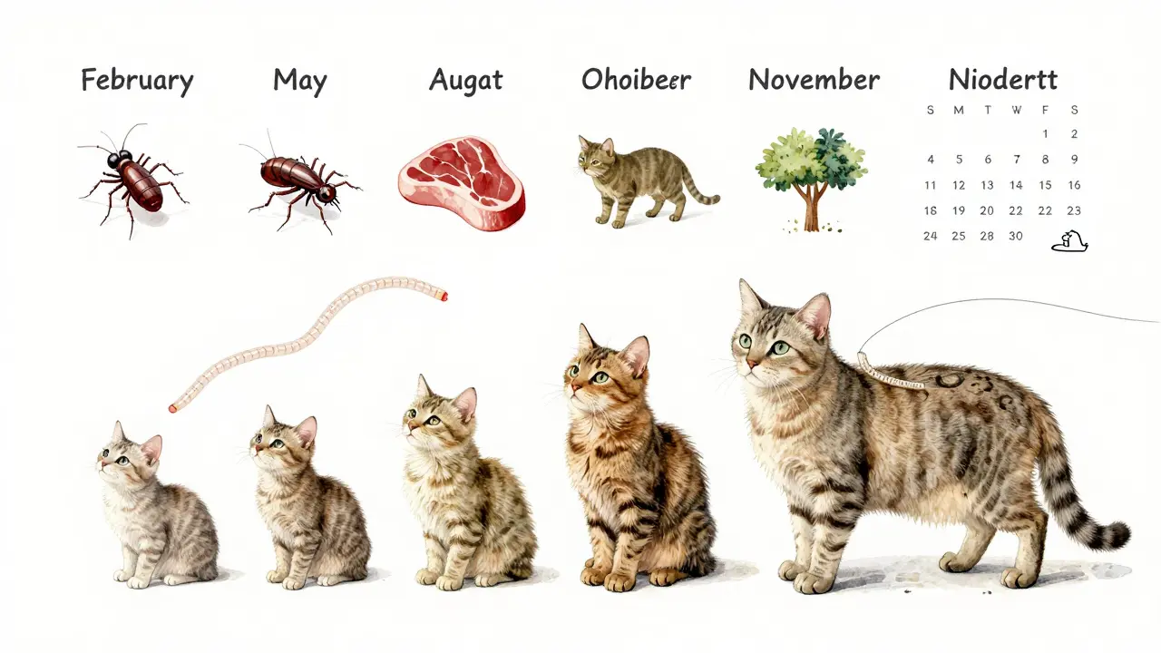 Časová osa kočky od koťete po starší věk s kvartálními termíny odčervování a rizikovými faktory.